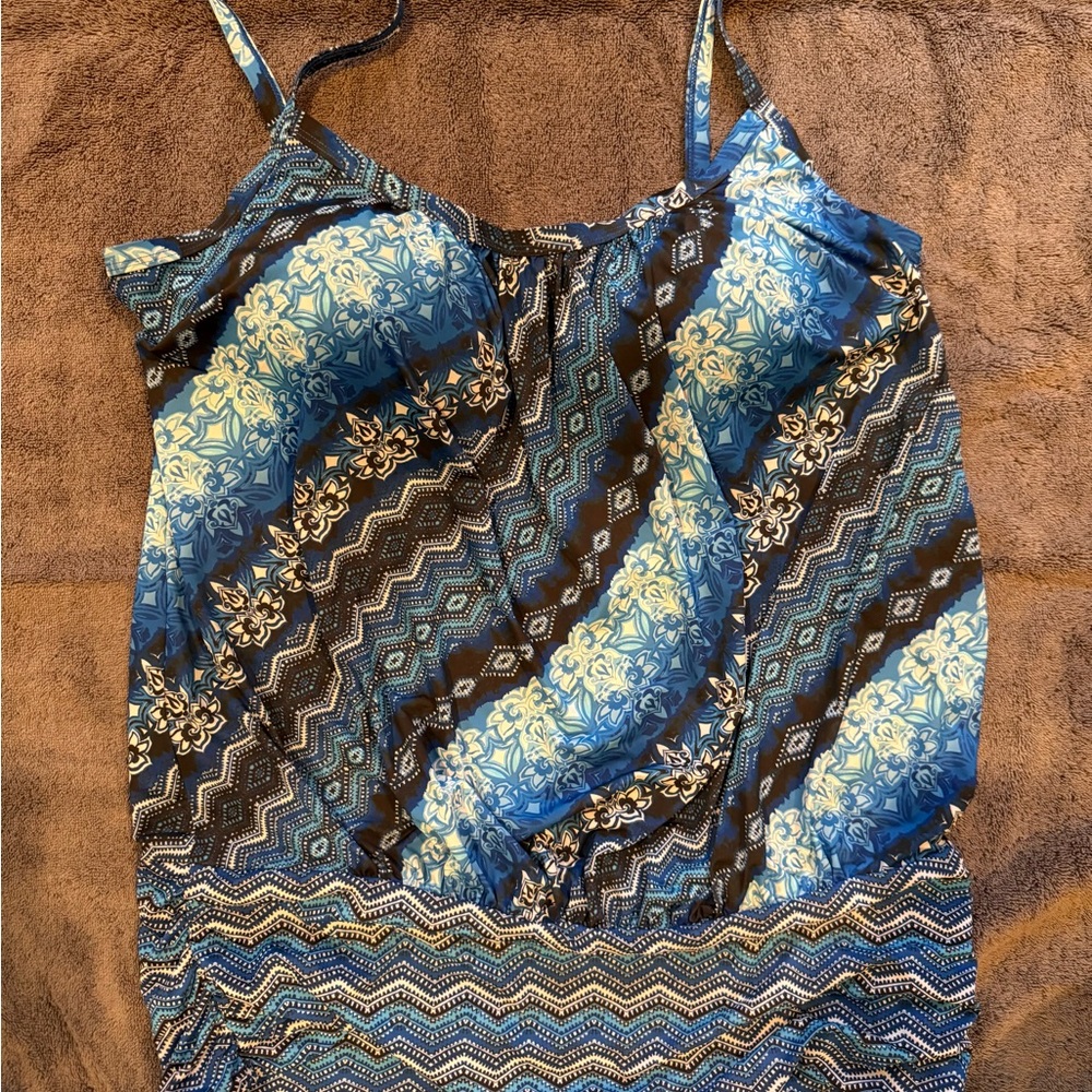 Blue and Black Patterned Blouson Swim Top